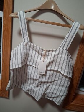 Quince White & Black Striped 100% European Linen Square Neck Tank Top